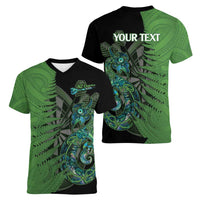 Personalised New Zealand Darts Women V-Neck T-Shirt Aotearoa Maori Fern Mix Manaia Tattoo LT14 - Polynesian Pride