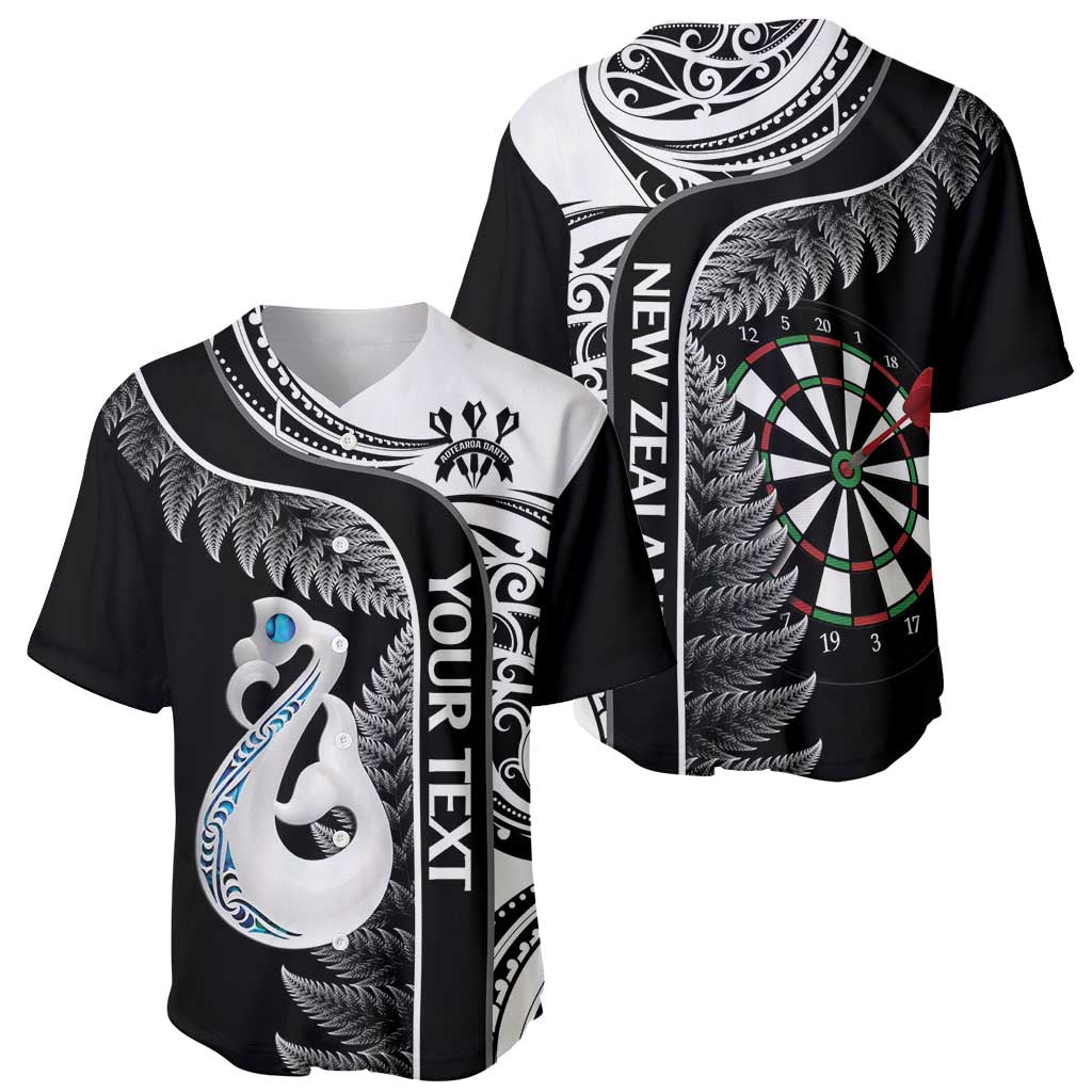 Personalised New Zealand Darts Baseball Jersey Aotearoa Fern Mix Paua Shell Manaia - Black LT14 - Polynesian Pride