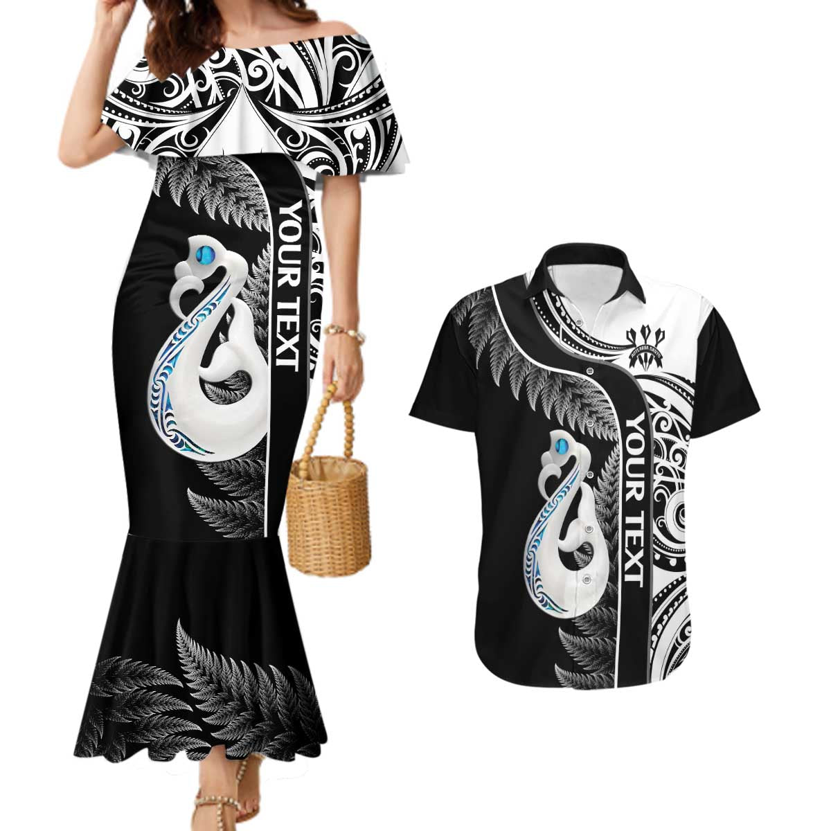 Personalised New Zealand Darts Couples Matching Mermaid Dress and Hawaiian Shirt Aotearoa Fern Mix Paua Shell Manaia - Black