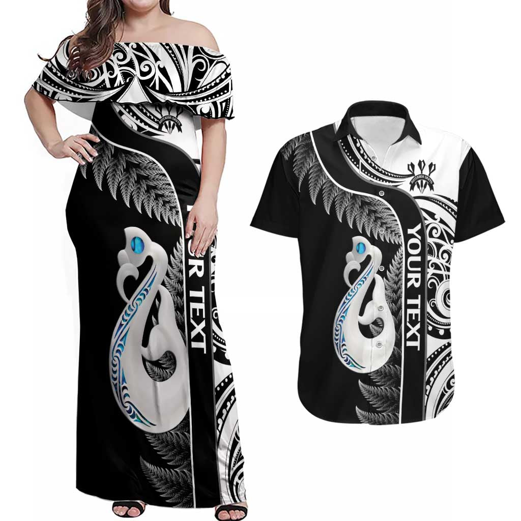 Personalised New Zealand Darts Couples Matching Off Shoulder Maxi Dress and Hawaiian Shirt Aotearoa Fern Mix Paua Shell Manaia - Black LT14 Black - Polynesian Pride