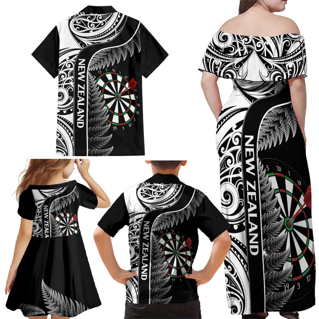 Personalised New Zealand Darts Family Matching Off Shoulder Maxi Dress and Hawaiian Shirt Aotearoa Fern Mix Paua Shell Manaia - Black LT14 - Polynesian Pride