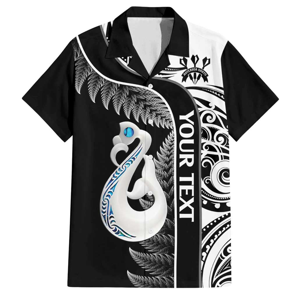 Personalised New Zealand Darts Family Matching Off Shoulder Maxi Dress and Hawaiian Shirt Aotearoa Fern Mix Paua Shell Manaia - Black LT14 Dad's Shirt - Short Sleeve Black - Polynesian Pride