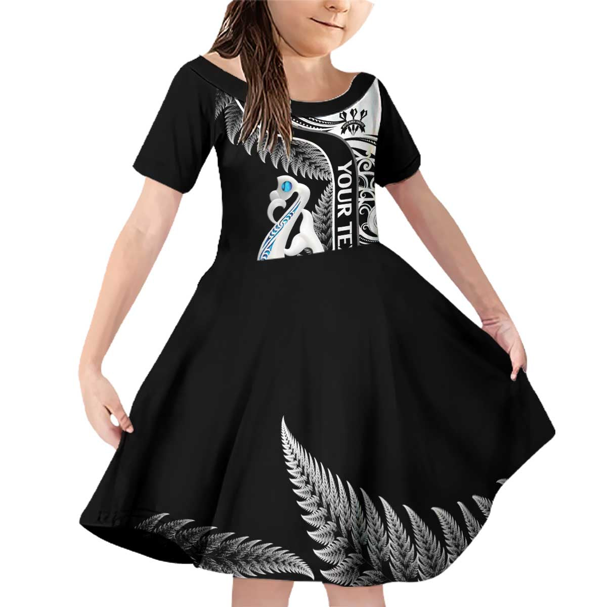 Personalised New Zealand Darts Family Matching Off Shoulder Short Dress and Hawaiian Shirt Aotearoa Fern Mix Paua Shell Manaia - Black LT14 Daughter's Dress Black - Polynesian Pride