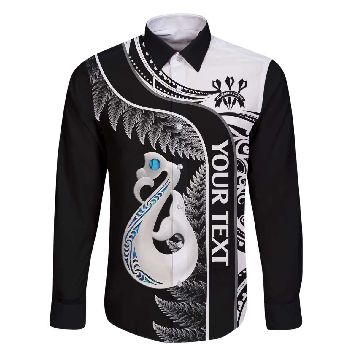 Personalised New Zealand Darts Family Matching Off Shoulder Short Dress and Hawaiian Shirt Aotearoa Fern Mix Paua Shell Manaia - Black LT14 Dad's Shirt - Long Sleeve Black - Polynesian Pride