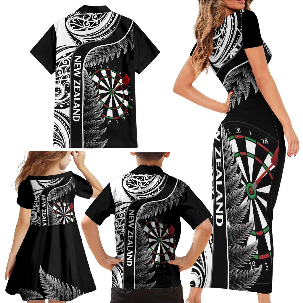 Personalised New Zealand Darts Family Matching Short Sleeve Bodycon Dress and Hawaiian Shirt Aotearoa Fern Mix Paua Shell Manaia - Black LT14 - Polynesian Pride