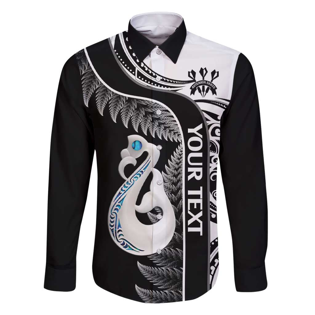 Personalised New Zealand Darts Family Matching Short Sleeve Bodycon Dress and Hawaiian Shirt Aotearoa Fern Mix Paua Shell Manaia - Black LT14 Dad's Shirt - Long Sleeve Black - Polynesian Pride