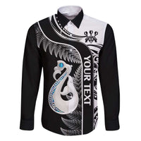 Personalised New Zealand Darts Family Matching Short Sleeve Bodycon Dress and Hawaiian Shirt Aotearoa Fern Mix Paua Shell Manaia - Black LT14 Dad's Shirt - Long Sleeve Black - Polynesian Pride