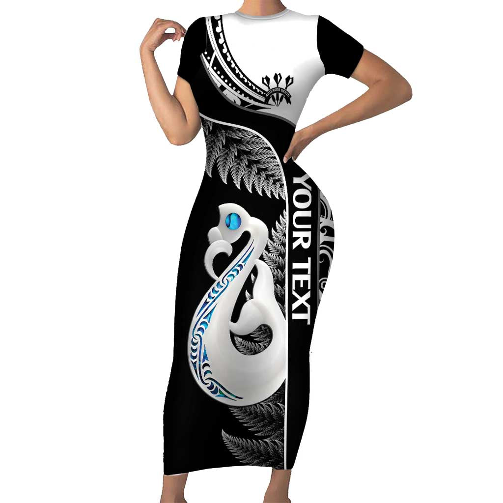 Personalised New Zealand Darts Family Matching Short Sleeve Bodycon Dress and Hawaiian Shirt Aotearoa Fern Mix Paua Shell Manaia - Black LT14 Mom's Dress Black - Polynesian Pride