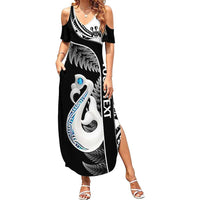 Personalised New Zealand Darts Family Matching Summer Maxi Dress and Hawaiian Shirt Aotearoa Fern Mix Paua Shell Manaia - Black LT14 Mom's Dress Black - Polynesian Pride