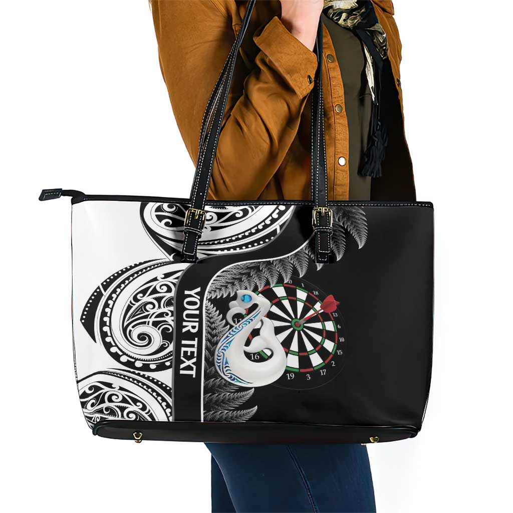 Personalised New Zealand Darts Leather Tote Bag Aotearoa Fern Mix Paua Shell Manaia - Black LT14 - Polynesian Pride