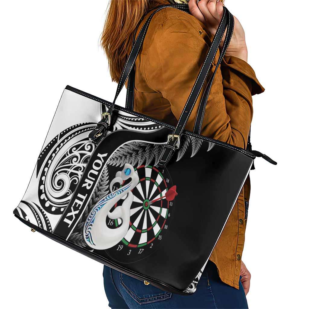 Personalised New Zealand Darts Leather Tote Bag Aotearoa Fern Mix Paua Shell Manaia - Black LT14 - Polynesian Pride