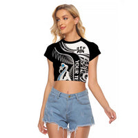 Personalised New Zealand Darts Raglan Cropped T Shirt Aotearoa Fern Mix Paua Shell Manaia - Black LT14 Female Black - Polynesian Pride