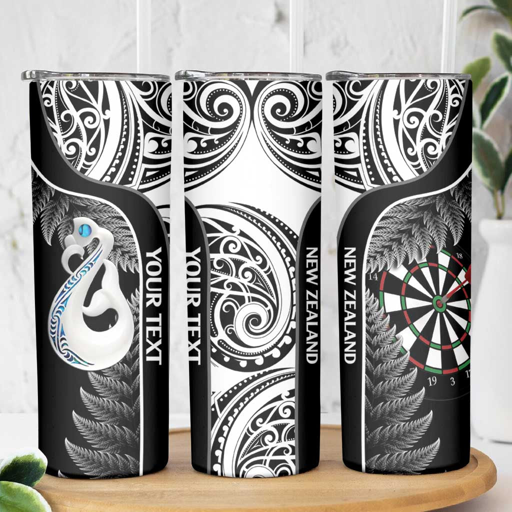 Personalised New Zealand Darts Skinny Tumbler Aotearoa Fern Mix Paua Shell Manaia - Black