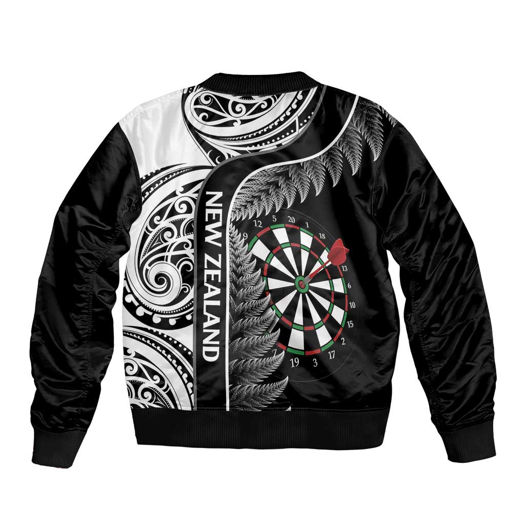 Personalised New Zealand Darts Sleeve Zip Bomber Jacket Aotearoa Fern Mix Paua Shell Manaia - Black