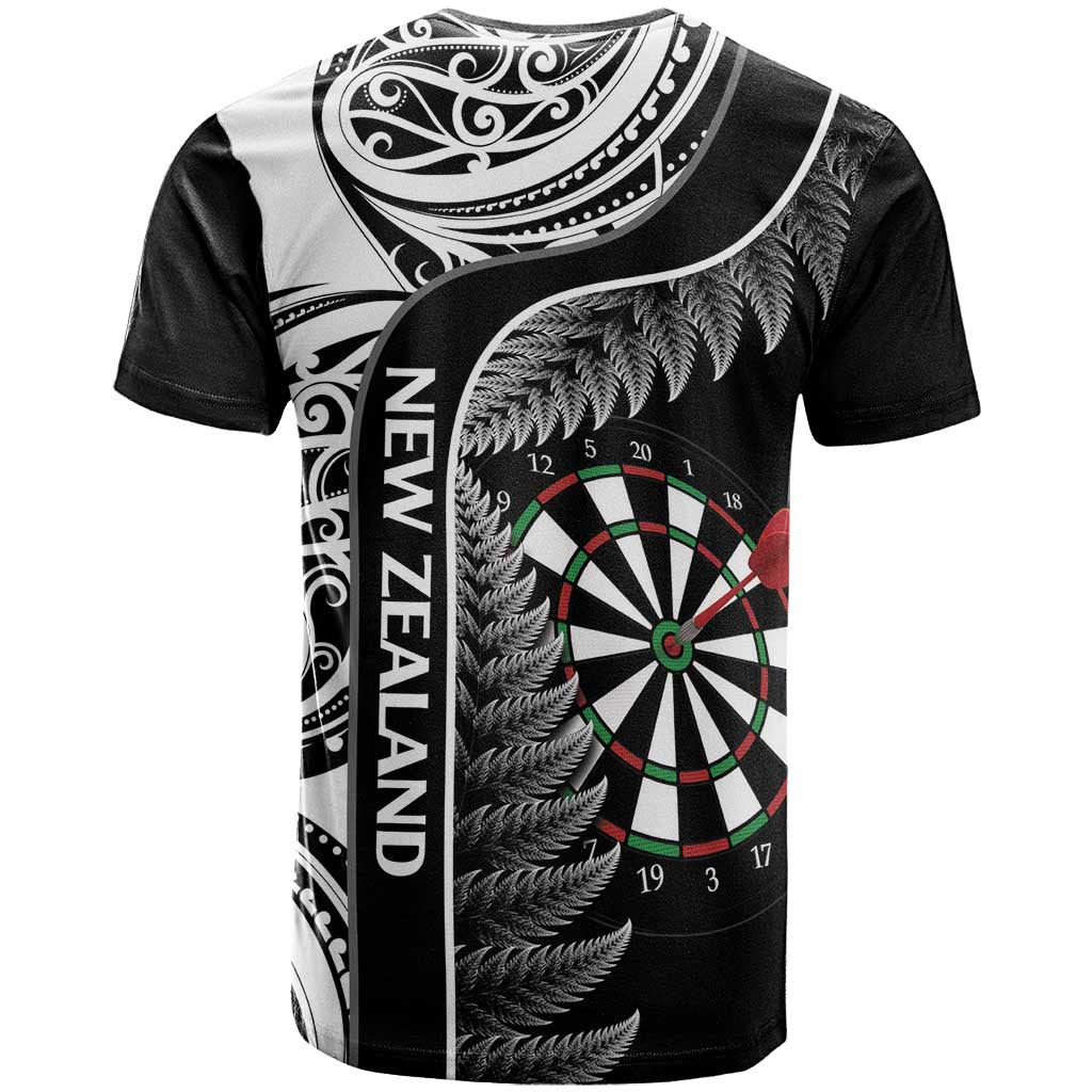 Personalised New Zealand Darts T Shirt Aotearoa Fern Mix Paua Shell Manaia - Black LT14 - Polynesian Pride
