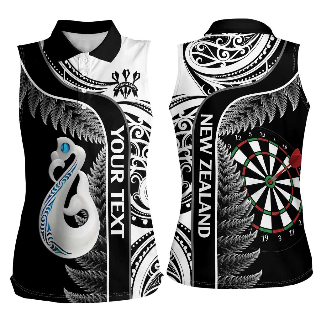 Personalised New Zealand Darts Women Sleeveless Polo Shirt Aotearoa Fern Mix Paua Shell Manaia - Black LT14 - Polynesian Pride