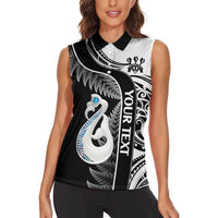 Personalised New Zealand Darts Women Sleeveless Polo Shirt Aotearoa Fern Mix Paua Shell Manaia - Black LT14 - Polynesian Pride