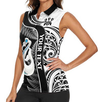 Personalised New Zealand Darts Women Sleeveless Polo Shirt Aotearoa Fern Mix Paua Shell Manaia - Black LT14 - Polynesian Pride