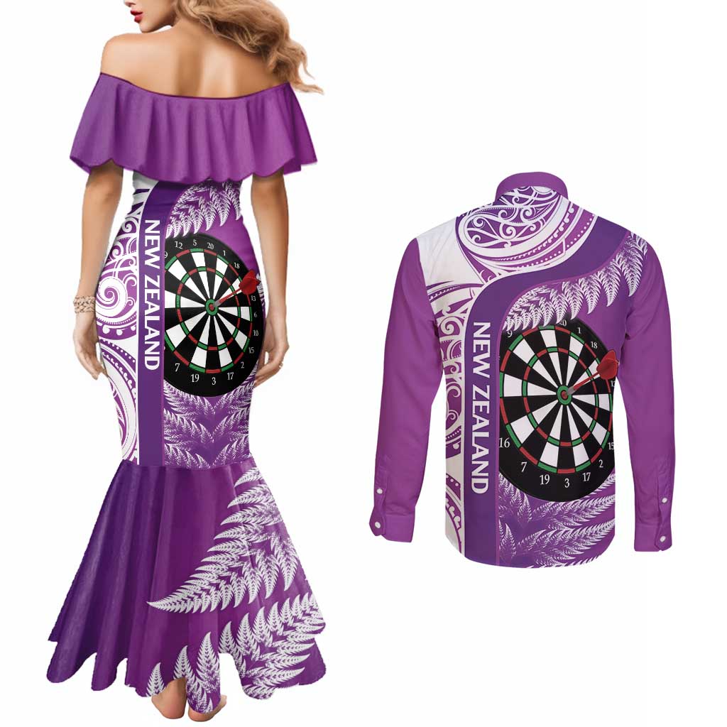 Personalised New Zealand Darts Couples Matching Mermaid Dress and Long Sleeve Button Shirt Aotearoa Fern Mix Paua Shell Manaia - Purple LT14 - Polynesian Pride