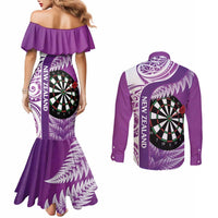 Personalised New Zealand Darts Couples Matching Mermaid Dress and Long Sleeve Button Shirt Aotearoa Fern Mix Paua Shell Manaia - Purple LT14 - Polynesian Pride
