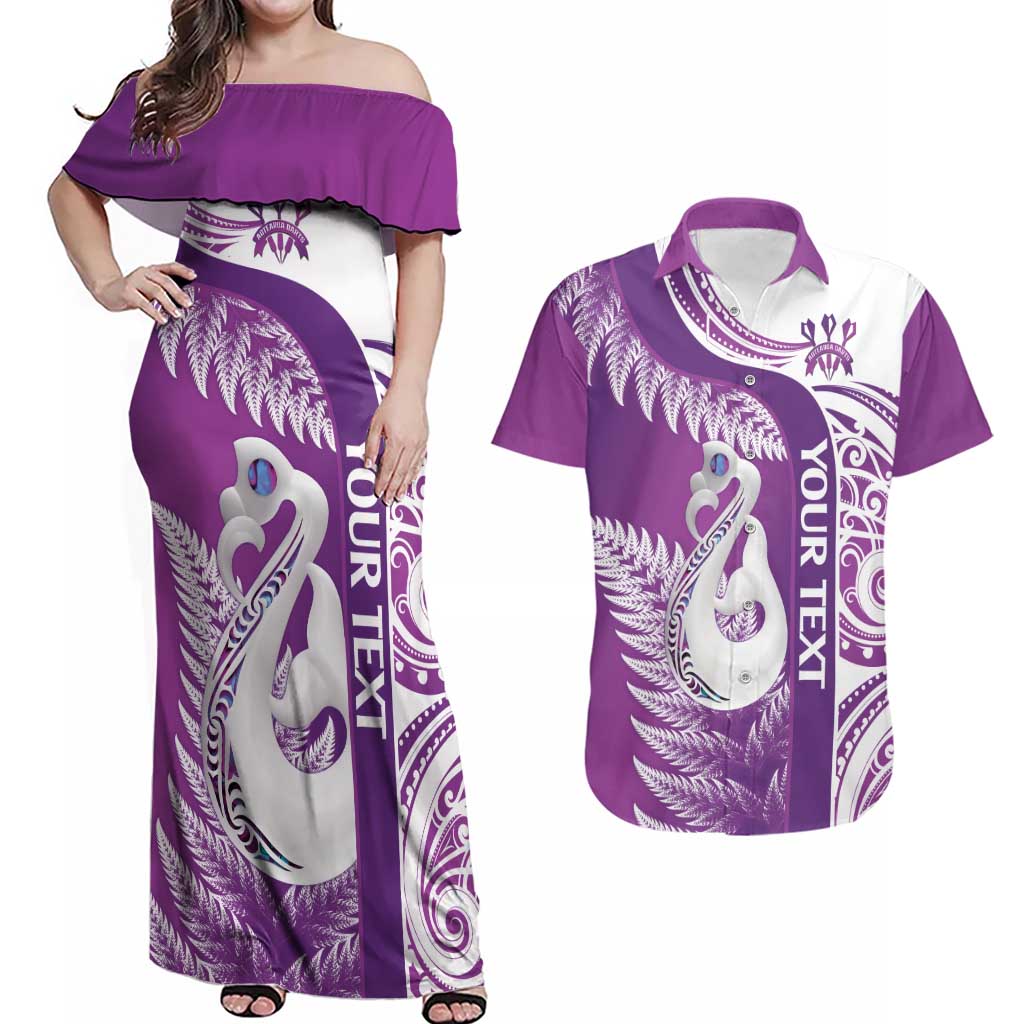 Personalised New Zealand Darts Couples Matching Off Shoulder Maxi Dress and Hawaiian Shirt Aotearoa Fern Mix Paua Shell Manaia - Purple LT14 Purple - Polynesian Pride