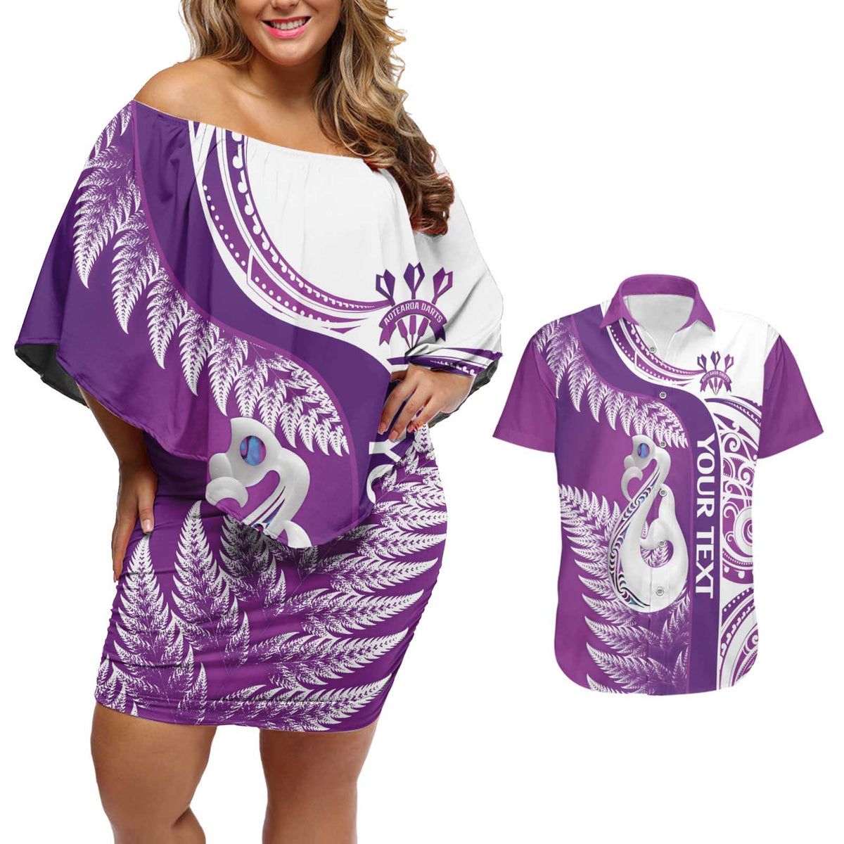 Personalised New Zealand Darts Couples Matching Off Shoulder Short Dress and Hawaiian Shirt Aotearoa Fern Mix Paua Shell Manaia - Purple LT14 Purple - Polynesian Pride