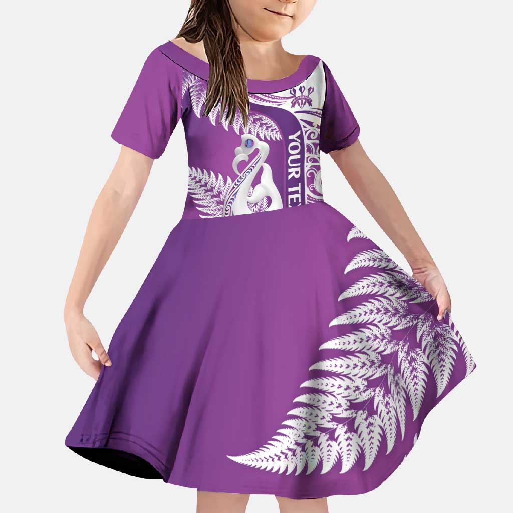 Personalised New Zealand Darts Family Matching Off Shoulder Maxi Dress and Hawaiian Shirt Aotearoa Fern Mix Paua Shell Manaia - Purple LT14 Daughter's Dress Purple - Polynesian Pride