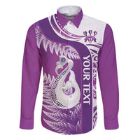 Personalised New Zealand Darts Family Matching Off Shoulder Maxi Dress and Hawaiian Shirt Aotearoa Fern Mix Paua Shell Manaia - Purple LT14 Dad's Shirt - Long Sleeve Purple - Polynesian Pride