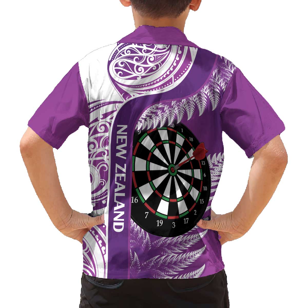Personalised New Zealand Darts Family Matching Off Shoulder Short Dress and Hawaiian Shirt Aotearoa Fern Mix Paua Shell Manaia - Purple LT14 - Polynesian Pride