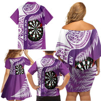 Personalised New Zealand Darts Family Matching Off Shoulder Short Dress and Hawaiian Shirt Aotearoa Fern Mix Paua Shell Manaia - Purple LT14 - Polynesian Pride