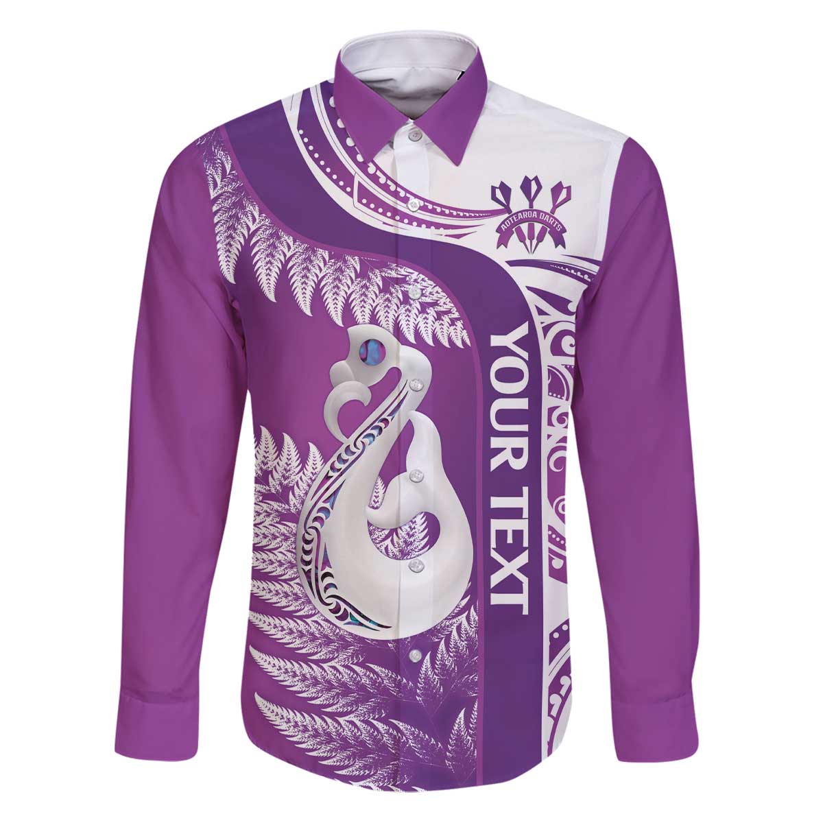 Personalised New Zealand Darts Family Matching Puletasi and Hawaiian Shirt Aotearoa Fern Mix Paua Shell Manaia - Purple LT14 Dad's Shirt - Long Sleeve Purple - Polynesian Pride