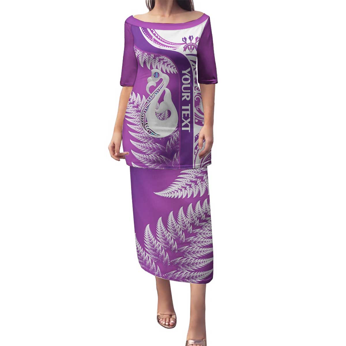 Personalised New Zealand Darts Family Matching Puletasi and Hawaiian Shirt Aotearoa Fern Mix Paua Shell Manaia - Purple LT14 Mom's Dress Purple - Polynesian Pride