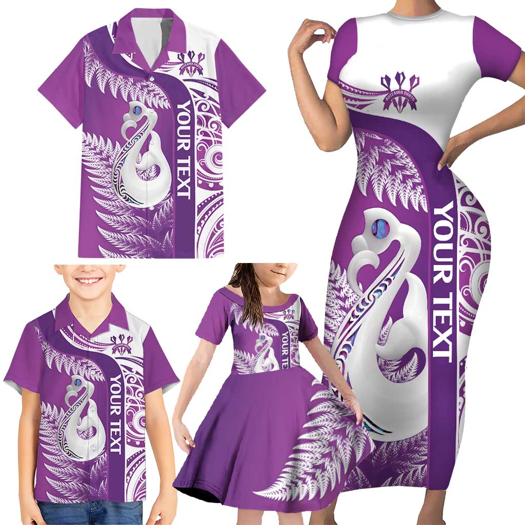 Personalised New Zealand Darts Family Matching Short Sleeve Bodycon Dress and Hawaiian Shirt Aotearoa Fern Mix Paua Shell Manaia - Purple LT14 - Polynesian Pride