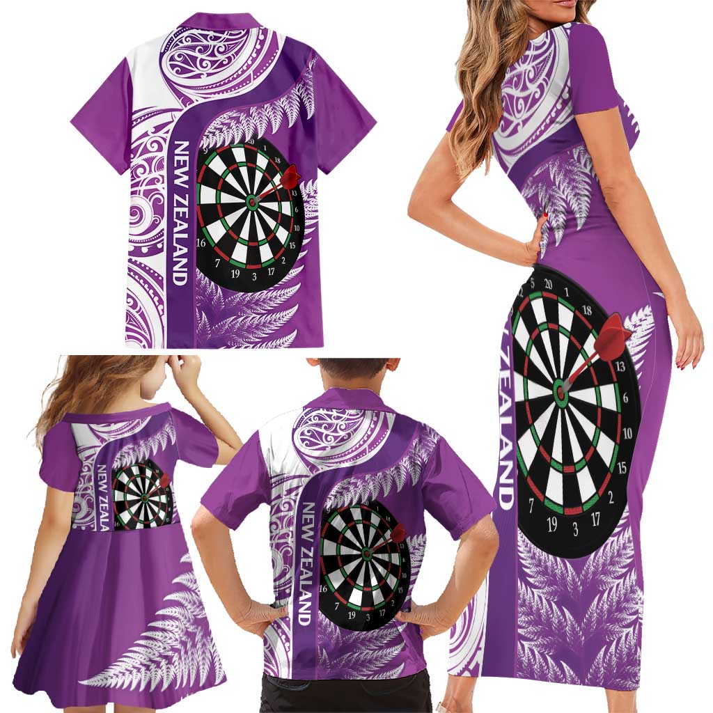 Personalised New Zealand Darts Family Matching Short Sleeve Bodycon Dress and Hawaiian Shirt Aotearoa Fern Mix Paua Shell Manaia - Purple LT14 - Polynesian Pride