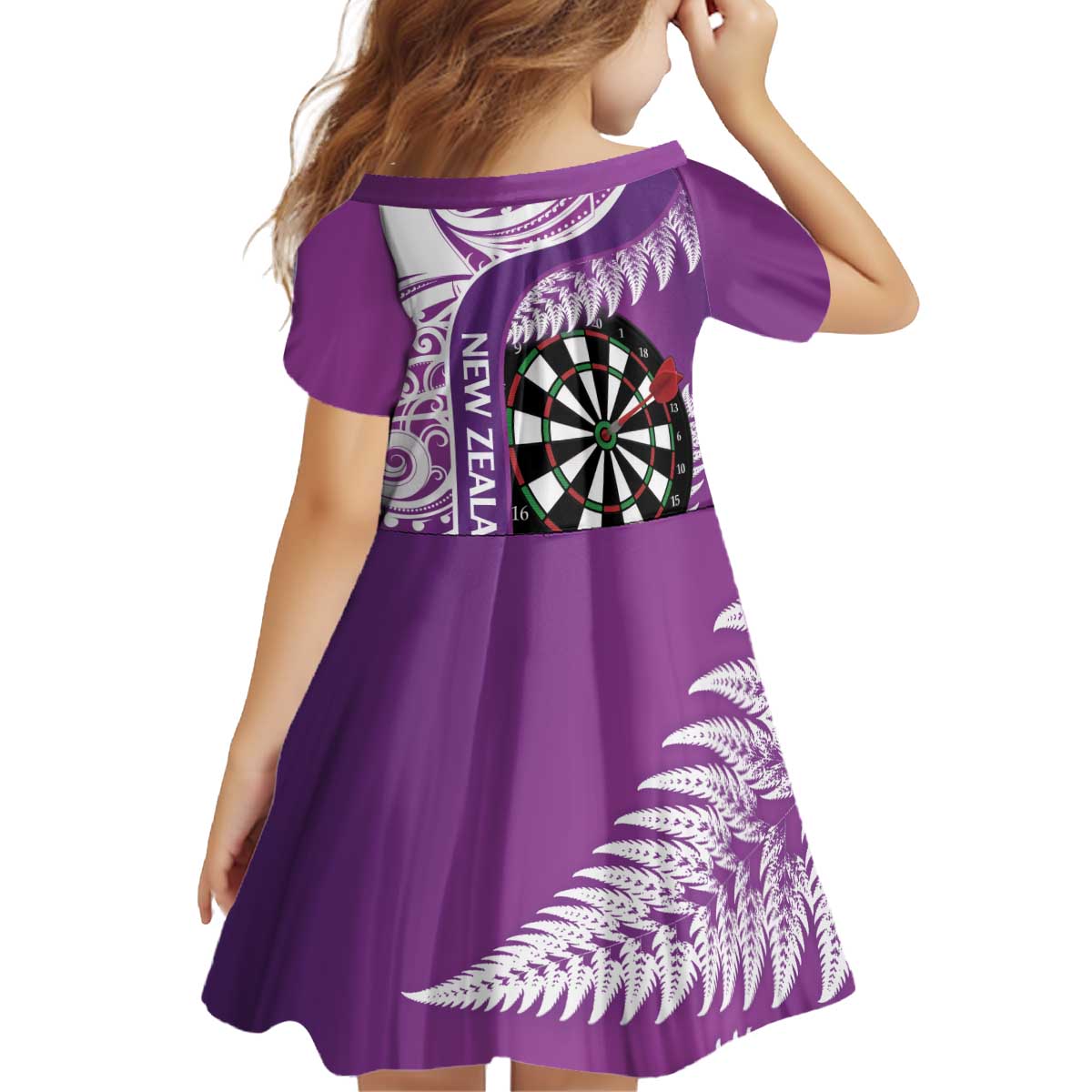 Personalised New Zealand Darts Kid Short Sleeve Dress Aotearoa Fern Mix Paua Shell Manaia - Purple