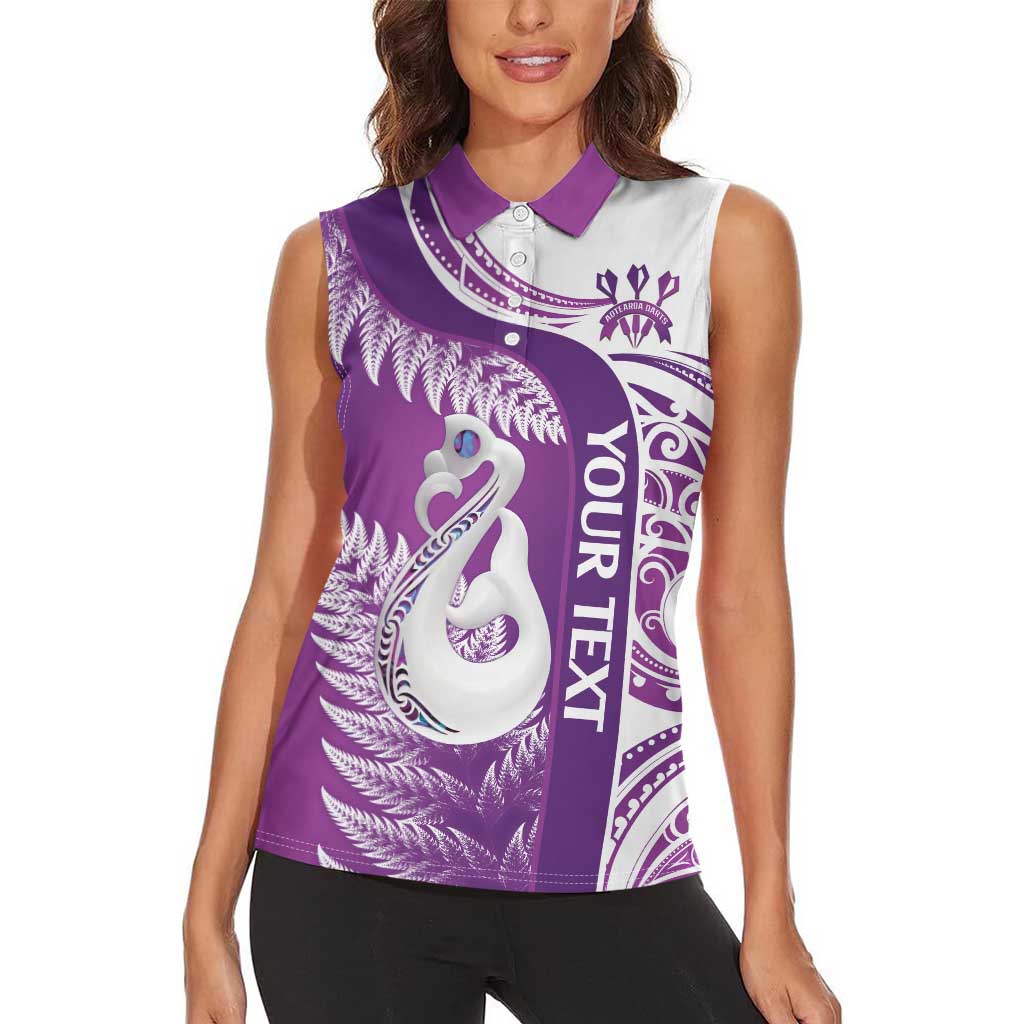 Personalised New Zealand Darts Women Sleeveless Polo Shirt Aotearoa Fern Mix Paua Shell Manaia - Purple LT14 - Polynesian Pride