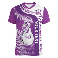 Personalised New Zealand Darts Women V-Neck T-Shirt Aotearoa Fern Mix Paua Shell Manaia - Purple LT14 Female Purple - Polynesian Pride