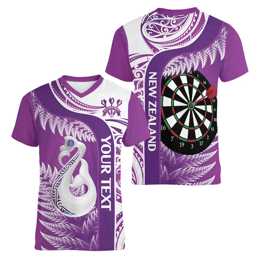 Personalised New Zealand Darts Women V-Neck T-Shirt Aotearoa Fern Mix Paua Shell Manaia - Purple LT14 - Polynesian Pride