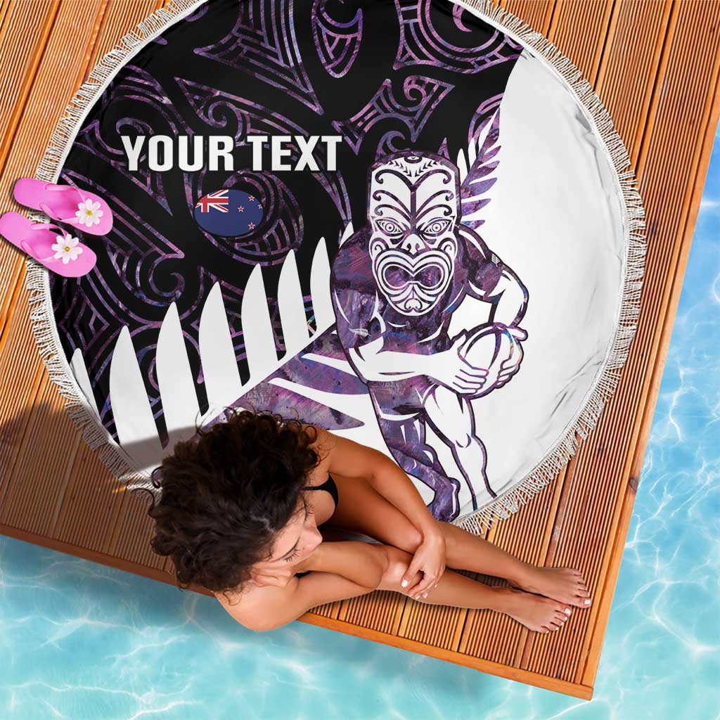 New Zealand Silver Fern Rugby Custom Beach Blanket Go All Black Purple Maori Paua Shell - Polynesian Pride