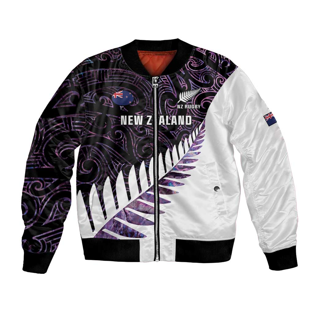 New Zealand Silver Fern Rugby Custom Bomber Jacket Go All Black Purple Maori Paua Shell LT14 Unisex Purple - Polynesian Pride
