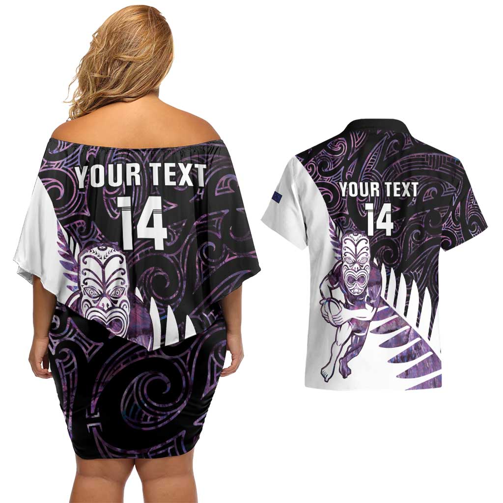New Zealand Silver Fern Rugby Custom Couples Matching Off Shoulder Short Dress and Hawaiian Shirt Go All Black Purple Maori Paua Shell - Polynesian Pride