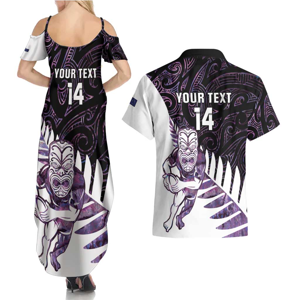 New Zealand Silver Fern Rugby Custom Couples Matching Summer Maxi Dress and Hawaiian Shirt Go All Black Purple Maori Paua Shell - Polynesian Pride