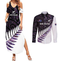 New Zealand Silver Fern Rugby Custom Couples Matching Summer Maxi Dress and Long Sleeve Button Shirt Go All Black Purple Maori Paua Shell - Polynesian Pride