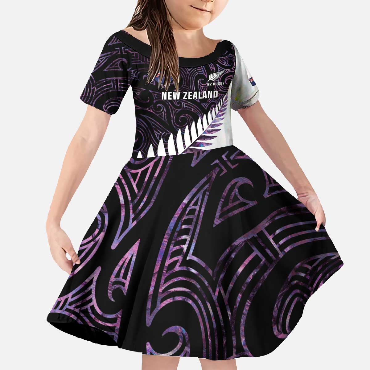 New Zealand Silver Fern Rugby Custom Family Matching Off The Shoulder Long Sleeve Dress and Hawaiian Shirt Go All Black Purple Maori Paua Shell - Polynesian Pride