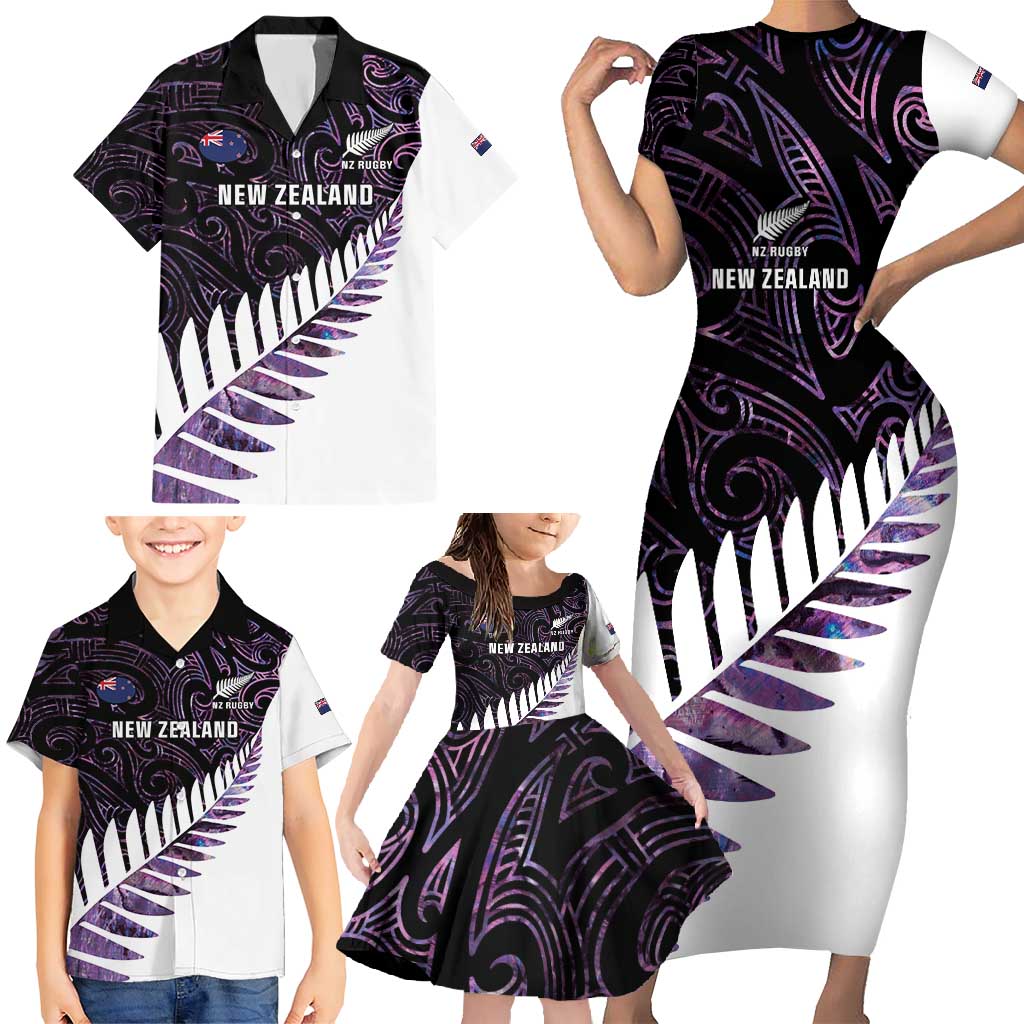 New Zealand Silver Fern Rugby Custom Family Matching Short Sleeve Bodycon Dress and Hawaiian Shirt Go All Black Purple Maori Paua Shell - Polynesian Pride