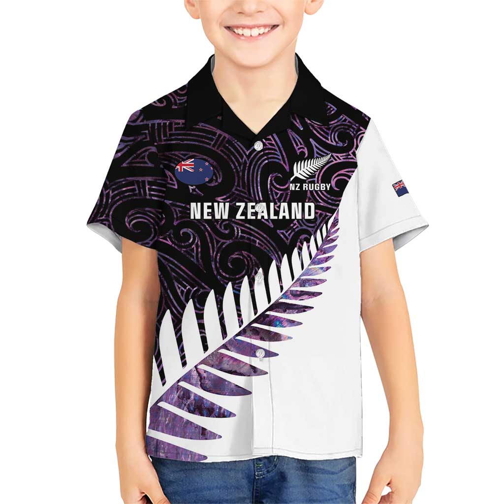 New Zealand Silver Fern Rugby Custom Family Matching Short Sleeve Bodycon Dress and Hawaiian Shirt Go All Black Purple Maori Paua Shell - Polynesian Pride