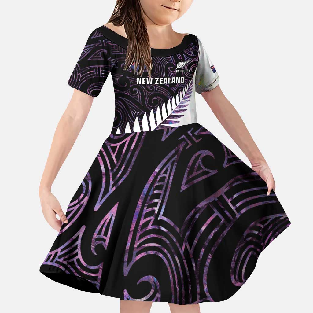 New Zealand Silver Fern Rugby Custom Family Matching Tank Maxi Dress and Hawaiian Shirt Go All Black Purple Maori Paua Shell - Polynesian Pride