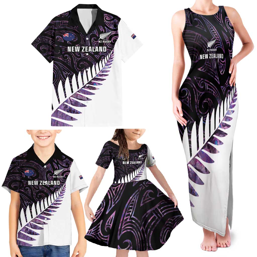 New Zealand Silver Fern Rugby Custom Family Matching Tank Maxi Dress and Hawaiian Shirt Go All Black Purple Maori Paua Shell - Polynesian Pride