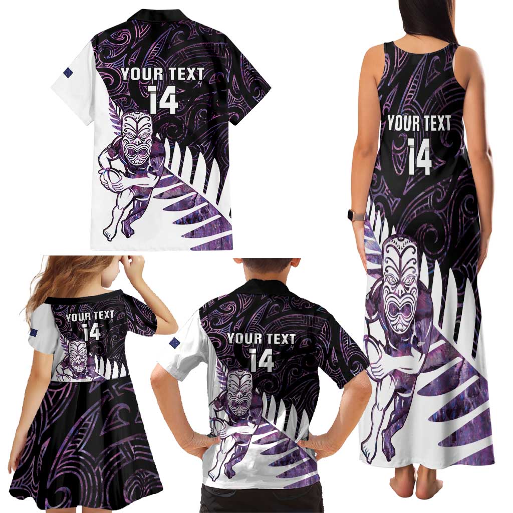 New Zealand Silver Fern Rugby Custom Family Matching Tank Maxi Dress and Hawaiian Shirt Go All Black Purple Maori Paua Shell - Polynesian Pride