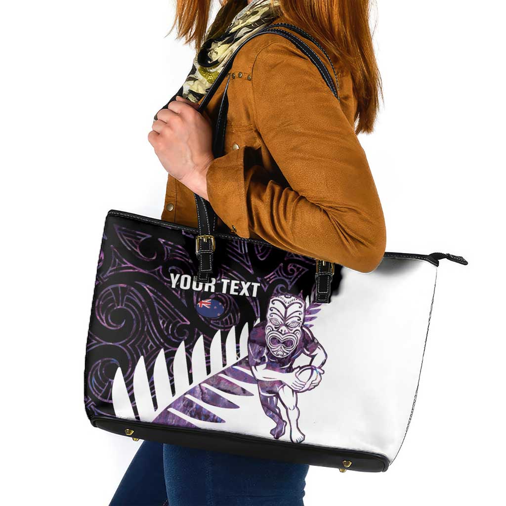 New Zealand Silver Fern Rugby Custom Leather Tote Bag Go All Black Purple Maori Paua Shell - Polynesian Pride
